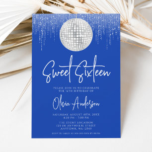 Disco Lights Silver Royal Blue Sweet 16 Invitation