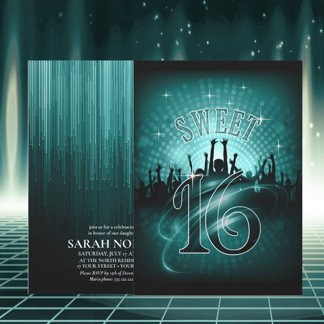 Disco Lights Sweet 16 Teal ID777 Invitation (Creator Uploaded)