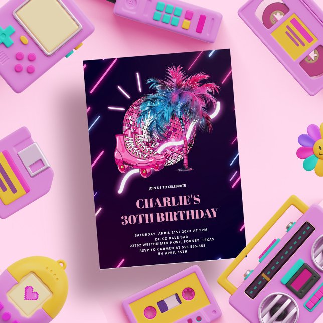Disco Neon Party Pink Retro Birthday Invitation (Creator Uploaded)
