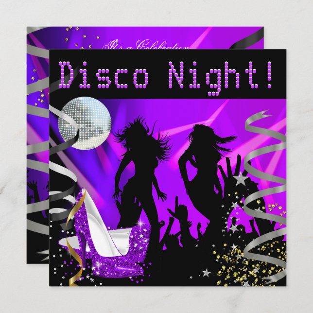Disco Night Purple Dance Gold Black Glitter Heels Invitation (Front/Back)