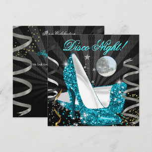Disco Night Teal Gold Black Glitter High Heels Invitation