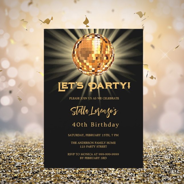 Disco party black gold 40th birthday invitation (Creator Uploaded)