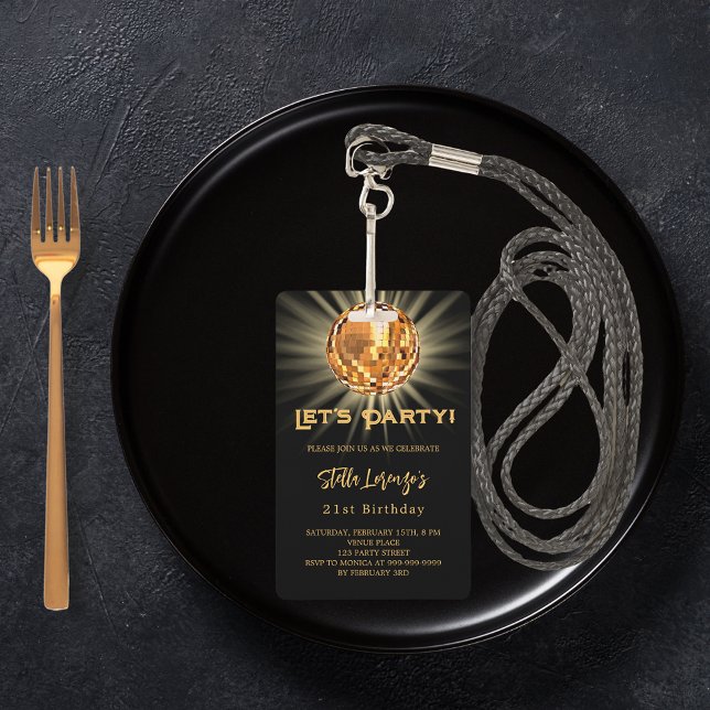 Disco party black gold birthday invitation ID badge (Creator Uploaded)