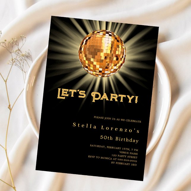 Disco party black gold luxury birthday invitation (Creator Uploaded)