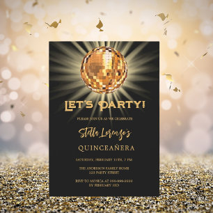 Disco party black gold Quinceanera Invitation