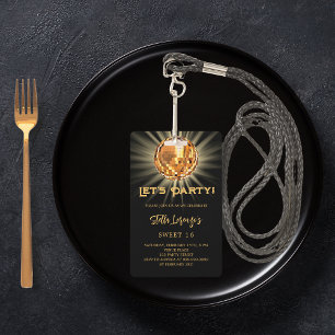 Disco party black gold Sweet 16 invitation ID Badge