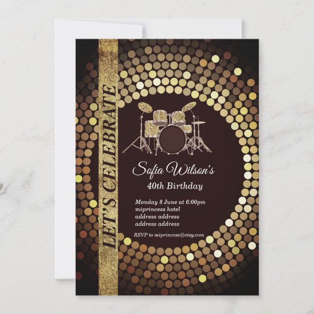 Disco party, gold, music, birthday party invitation (Front)