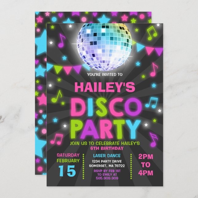 Disco Party Invitation Glow Disco Party Invite (Front/Back)