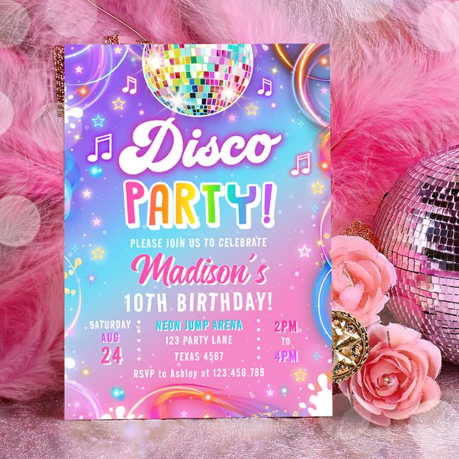 Disco Party Neon Retro Glow Crazy Girl Birthday Invitation (Creator Uploaded)