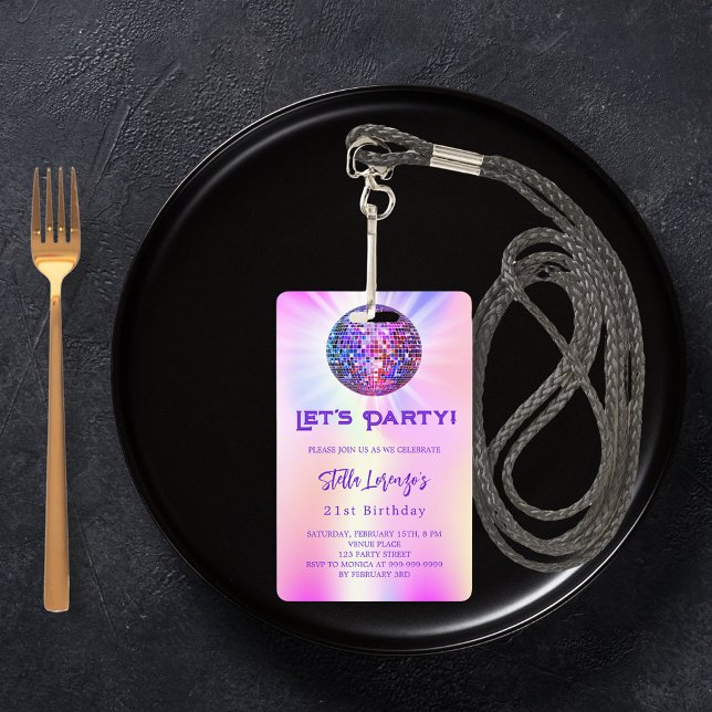 Disco party pink holographic birthday invitation ID badge (Creator Uploaded)