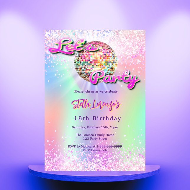 Disco party pink mint green holographic birthday invitation (Creator Uploaded)