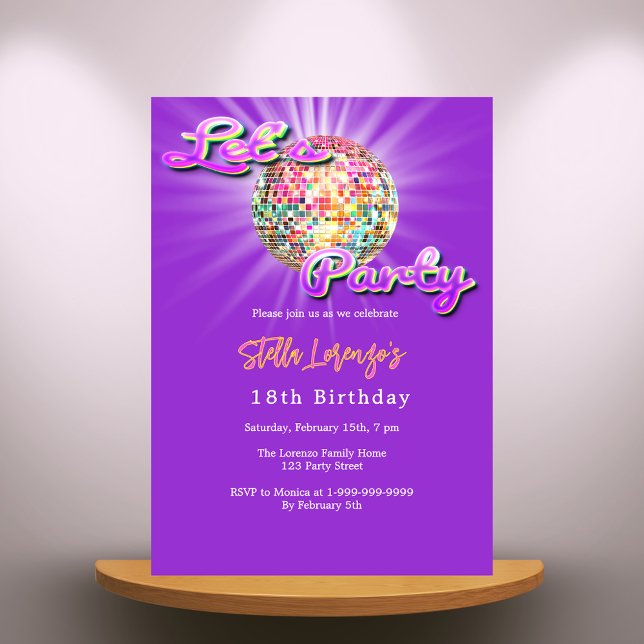 Disco party pink purple birthday invitation (Creator Uploaded)