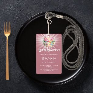 Disco party rose gold birthday invitation ID badge