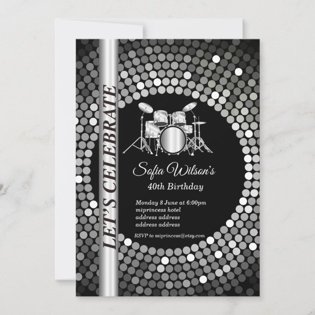 Disco party, sliver music, birthday party invitation (Front)