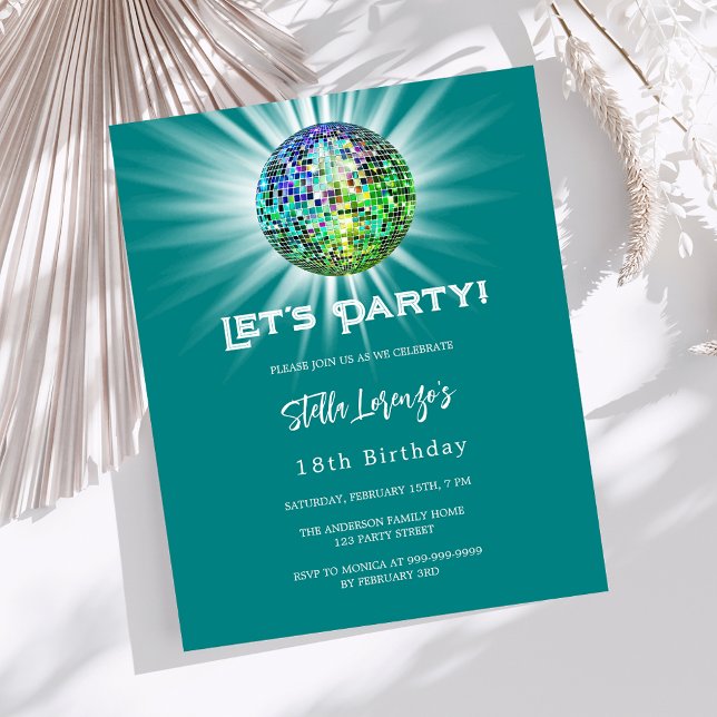 Disco party teal green birthday invitation (Creator Uploaded)