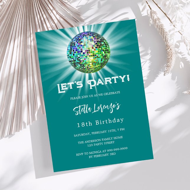 Disco party teal green birthday invitation (Creator Uploaded)