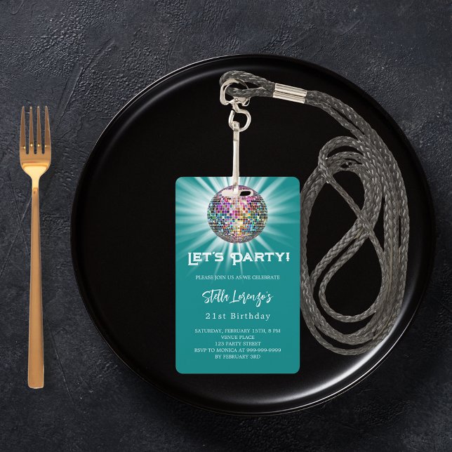 Disco party teal green birthday invitation ID badge (Creator Uploaded)