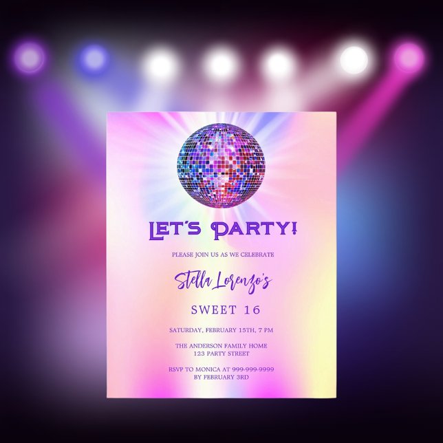 Disco pink holographic Sweet 16 invitation (Creator Uploaded)