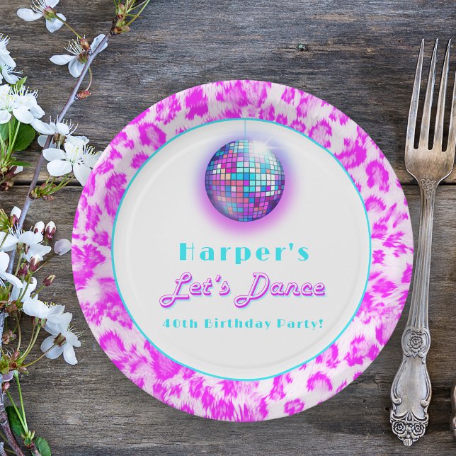 Disco Pink Leopard Print Retro Dance Birthday Paper Plate (Party in Style: 'Let's Dance' Disco Ball Party Plates for Trendy Celebrations.)