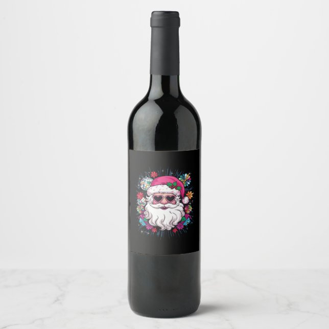 Disco Pink Santa Christmas Funny Xmas Party  Wine Label (Front)