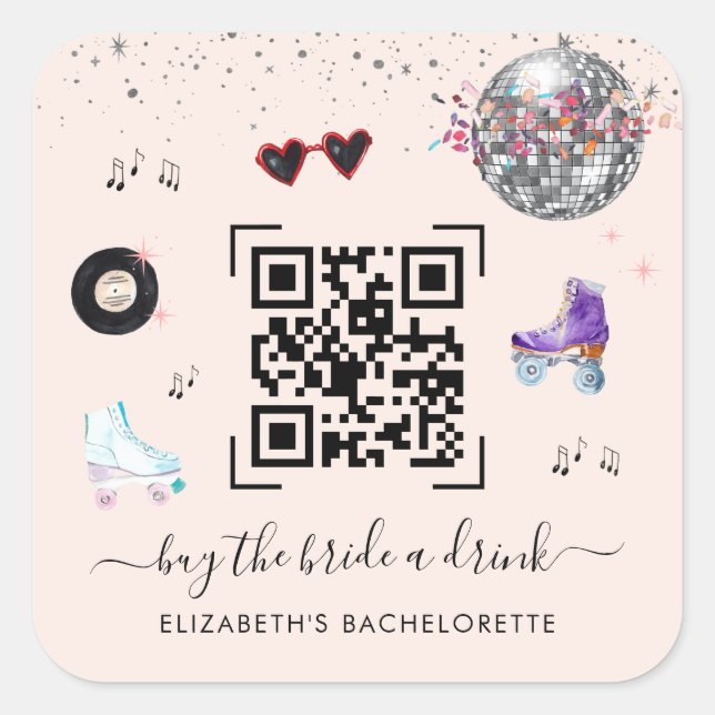 Disco Roller Skating Buy The Bride A Drink QR Code Square Sticker (Front)