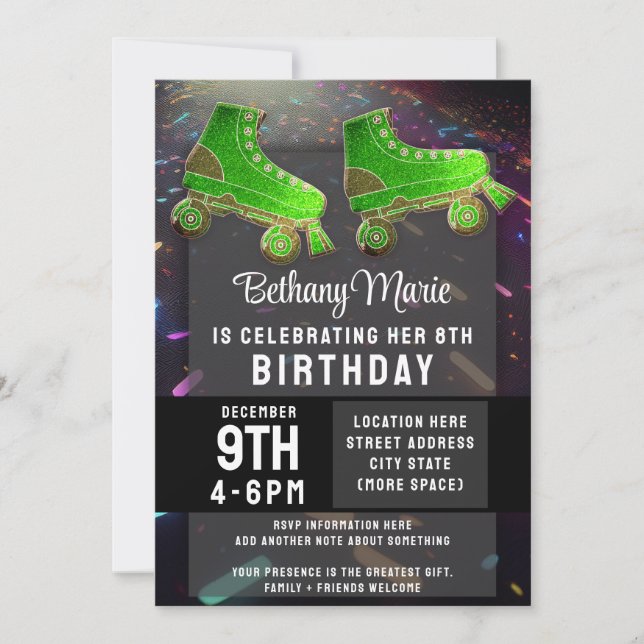 Disco Rollerskating Birthday Glitter Roller Skates Invitation (Front)