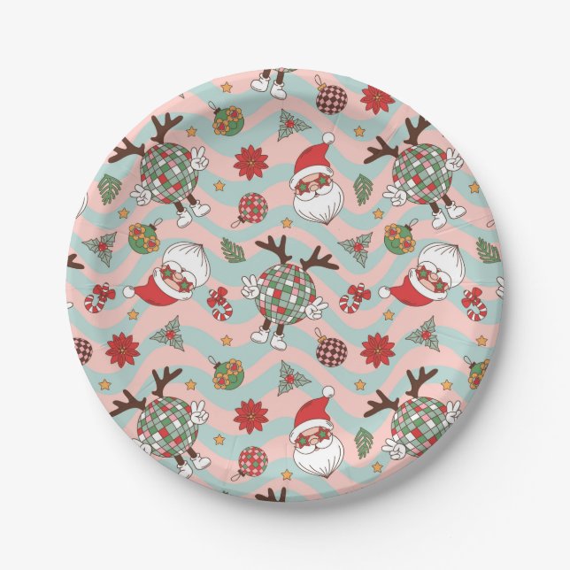 Disco Santa and Reindeer Holiday Pattern Paper Plate (Front)