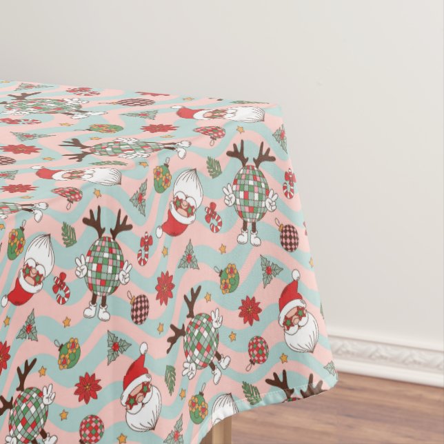 Disco Santa and Reindeer Holiday Pattern Tablecloth (In Situ)