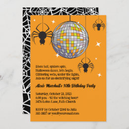 Disco Spiders Halloween Orange Retro Costume Party Invitation