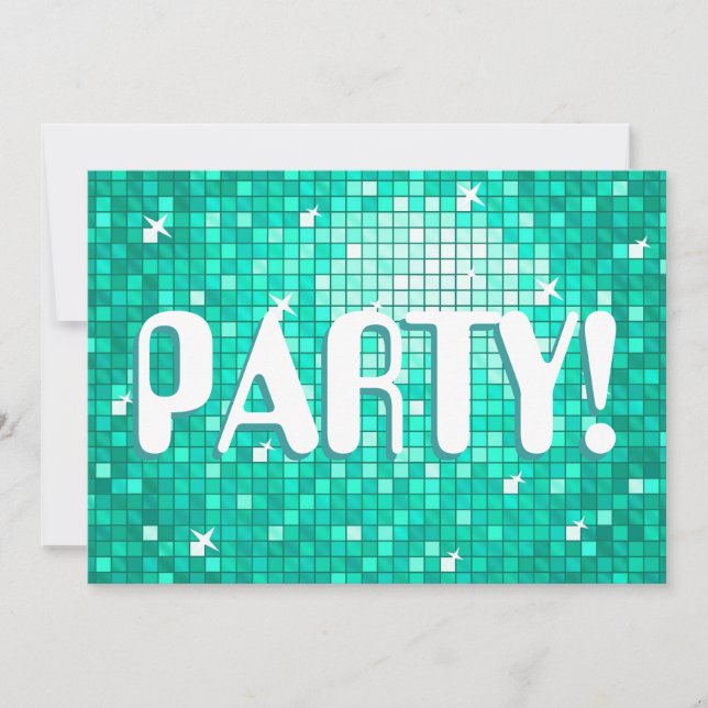 Disco Tiles Aqua 'PARTY!' invitation amelia text (Front)