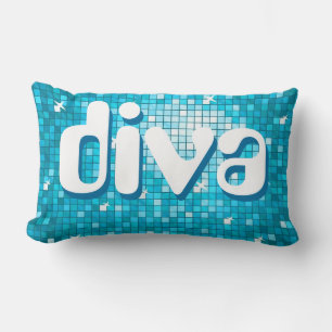 Disco Tiles Blue 'diva' throw pillow amelia text