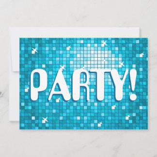 Disco Tiles Blue 'PARTY!' invitation amelia text