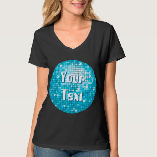 Disco Tiles Blue 'Your Text' round ladies v-neck T-Shirt