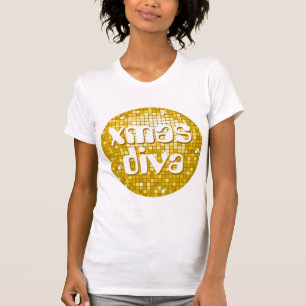 Disco Tiles "Gold" 'xmas diva' ladies petite white T-Shirt