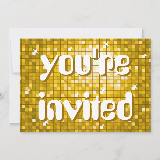 Disco Tiles "Gold" 'you're invited' amelia text Invitation (Front)
