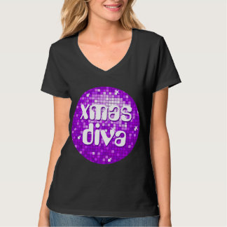 Disco Tiles Purple 'xmas diva' ladies v-neck black T-Shirt