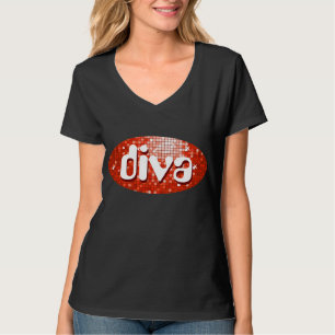 Disco Tiles Red 'diva' ladies v-neck black T-Shirt