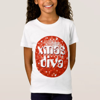 Disco Tiles Red 'xmas diva' girls fitted white T-Shirt