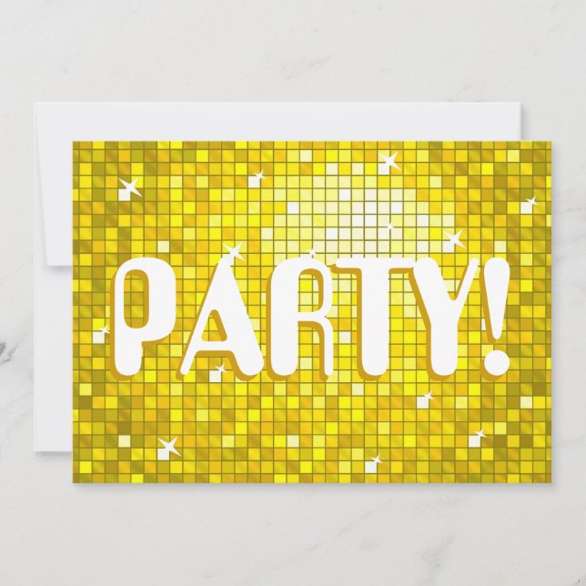 Disco Tiles Yellow 'PARTY!' invitation amelia text (Front)