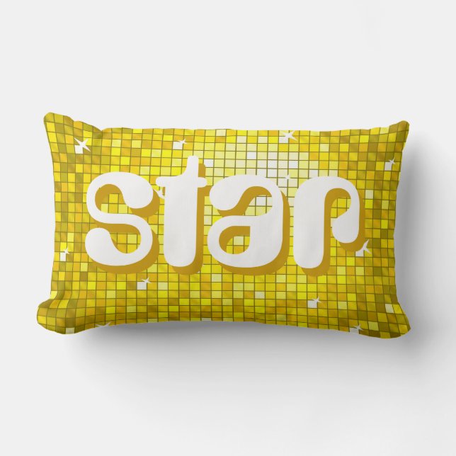 Disco Tiles Yellow 'star' throw pillow amelia text (Front)