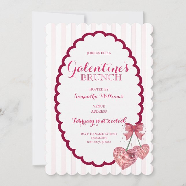 Disco Trendy Coquette Scalloped Cherry Galentine's Invitation (Front)