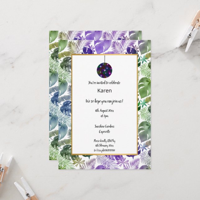 DISCO TROPICAL BALL BIRTHDAY INVITATION (Front/Back In Situ)