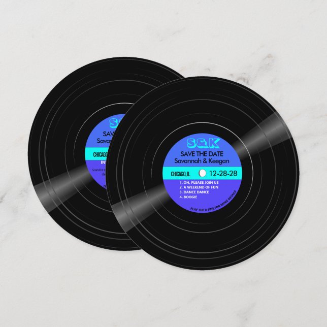 Disco Vinyl Record Blue Aqua Stripes Wedding Save The Date (Front/Back)