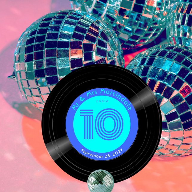 Disco Vinyl Record Blue Aqua Wedding Table Number (Vinyl record style disco blue and aqua table number.)
