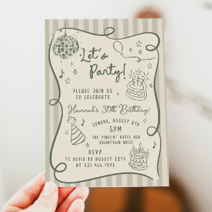 Disco Whimsical Hand Drawn Funky 30th Birthday Invitation