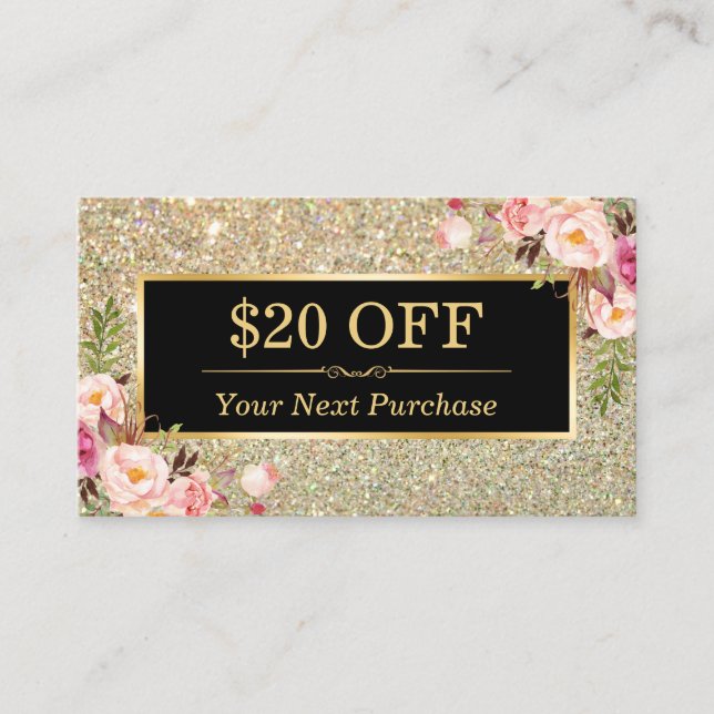 Discount Coupon Beauty Salon Floral Gold Glitter (Front)