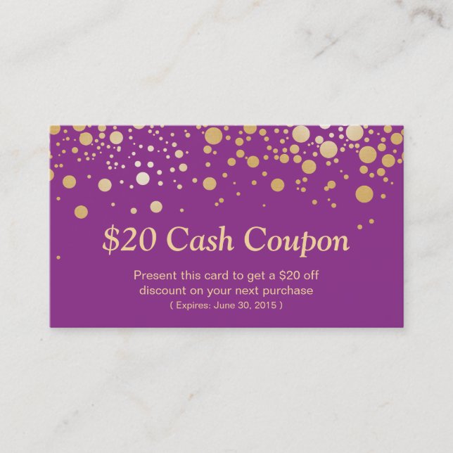 Discount Coupon Card Classy Purple Gold Dots (Front)