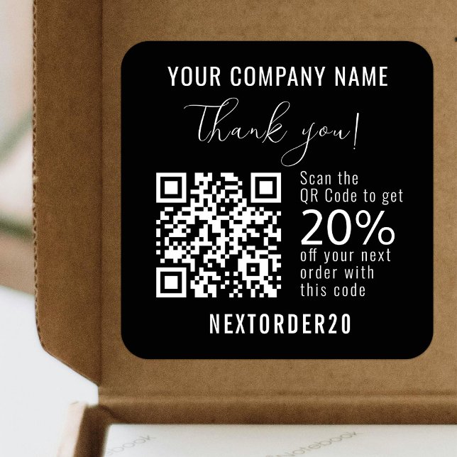 Discount Coupon QR Code Business Black Thank you Square Sticker (Creator Uploaded)