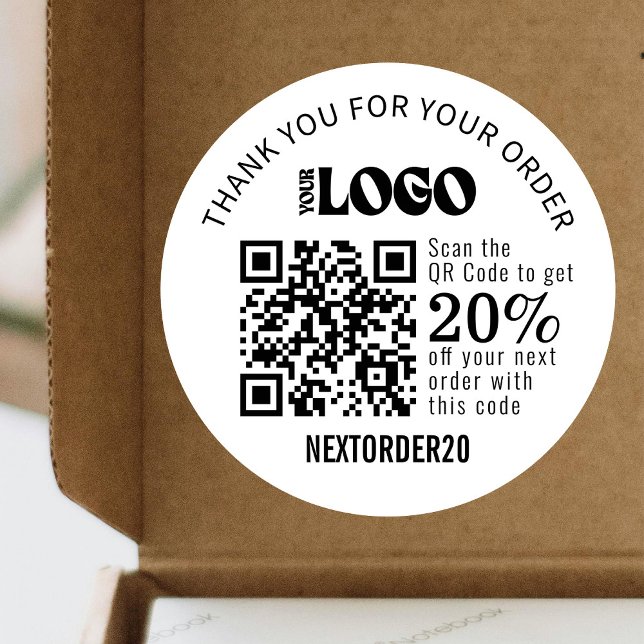 Discount Coupon QR Code Business Logo White Classic Round Sticker (Creator Uploaded)