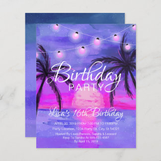 Discount Purple Beach Sunset Birthday Invitations